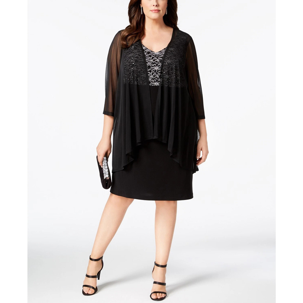 Connected Apparel Womens Plus Size Lace And Sheer Jacket Dress 2 Piece Set 20W